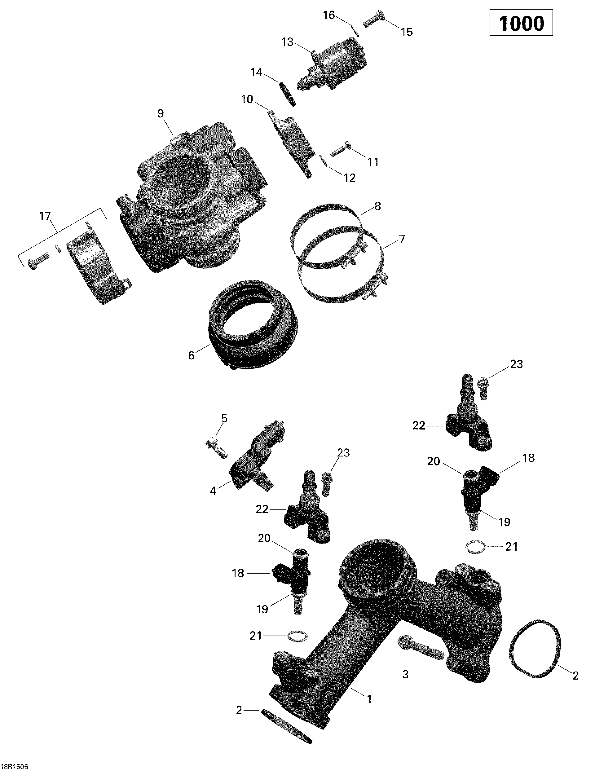An Image of a Genuine Can-Am Parts Schematic Diagram showing the schematic - AIR INTAKE MANIFOLD AND THROTTLE BODY _18R1506