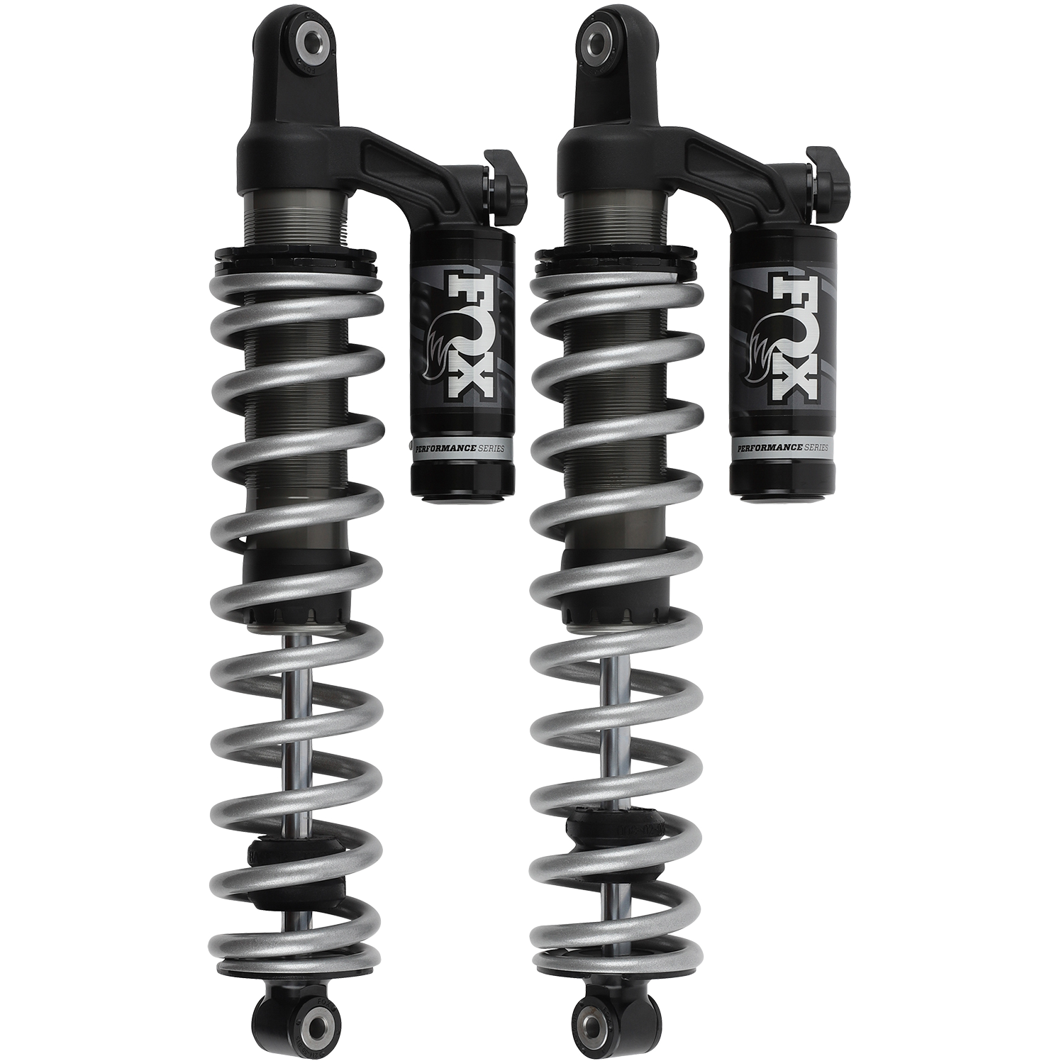 Two Can-Am Maverick Trail (2 Seat) Rear Podium 2.0 QS3 shocks by Fox, in black and silver with external reservoirs and adjustable rebound, stand upright side by side on a white background.