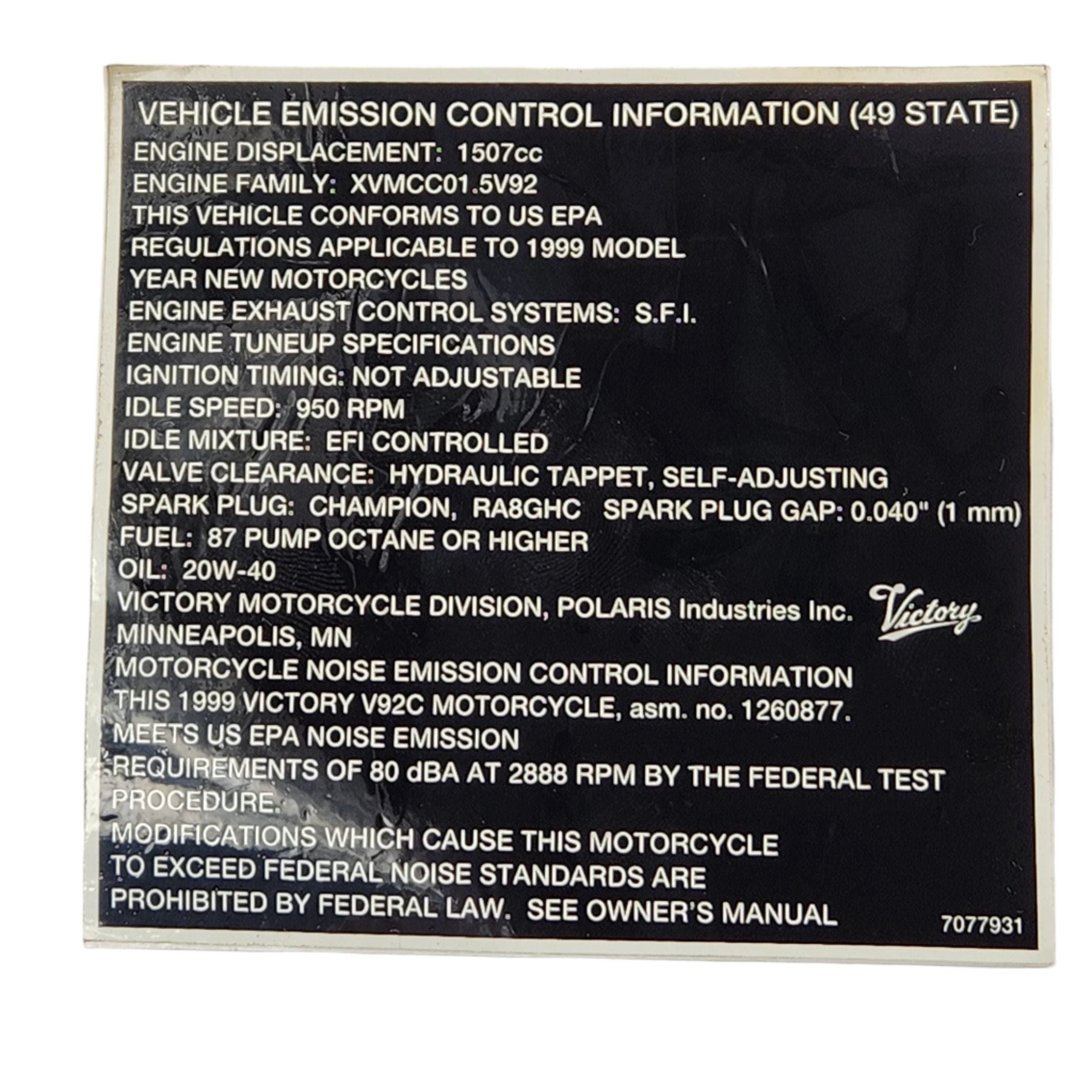 Emissions Decal V92 by Polaris 7077931 OEM Decal