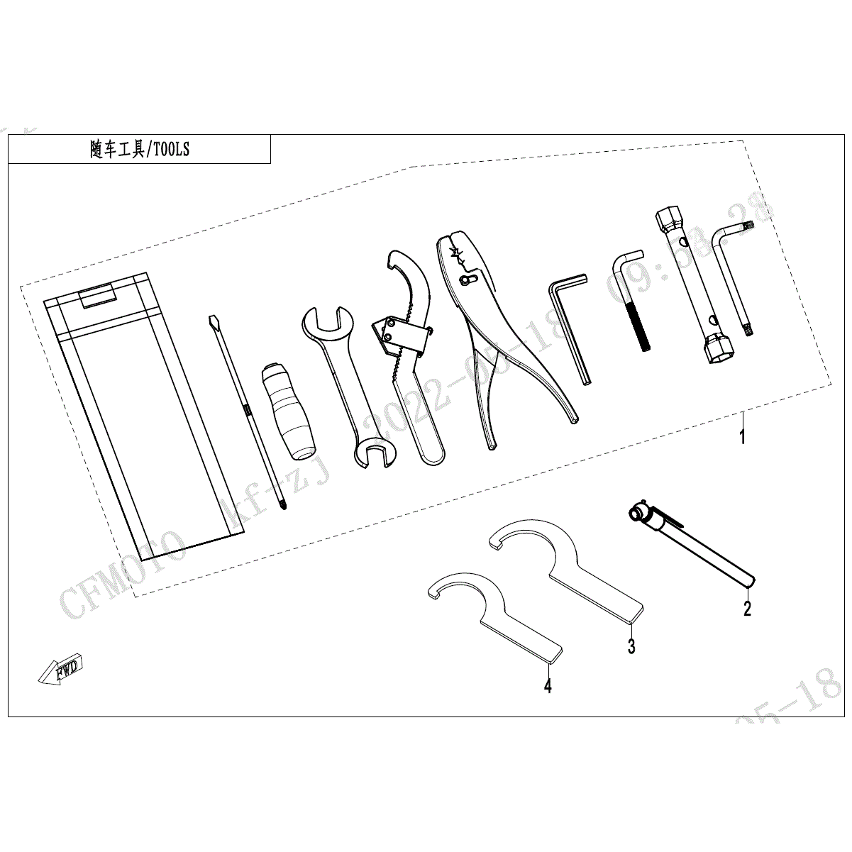 An Image of a genuine CFMOTO Parts Schematic Diagram showing the group - TOOLS (NA) - 2023 CFMOTO CFORCE 800 XC