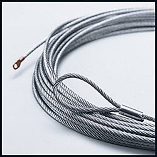 The Winch Replacement 4.0Ci Wire Rope 7/32X55 by Warn features a coiled steel wire with a looped end secured by a metal sleeve and an eyelet on the other end, displayed against a plain background.