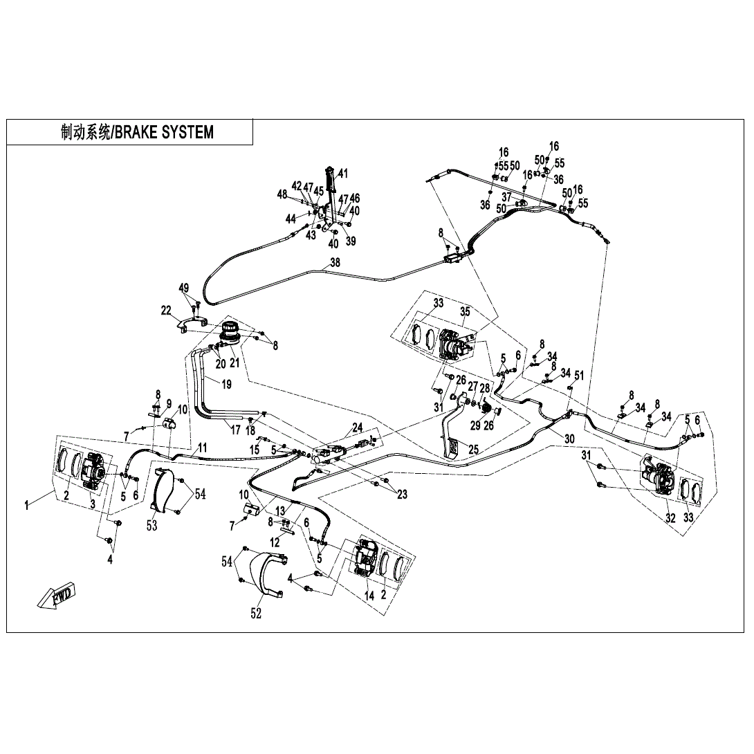 An Image of a Genuine CFMOTO Parts Schematic Diagram showing the schematic - BRAKE SYSTEM - 2025 CFMOTO UFORCE 1000