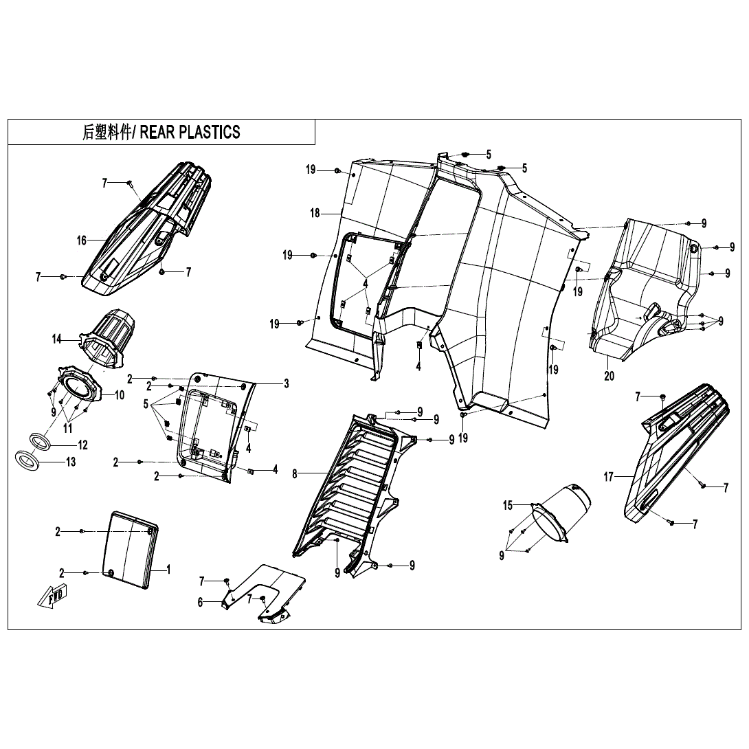 An Image of a Genuine CFMOTO Parts Schematic Diagram showing the schematic - REAR PLASTIC(3) - 2021 CFMOTO ZFORCE 950 Sport