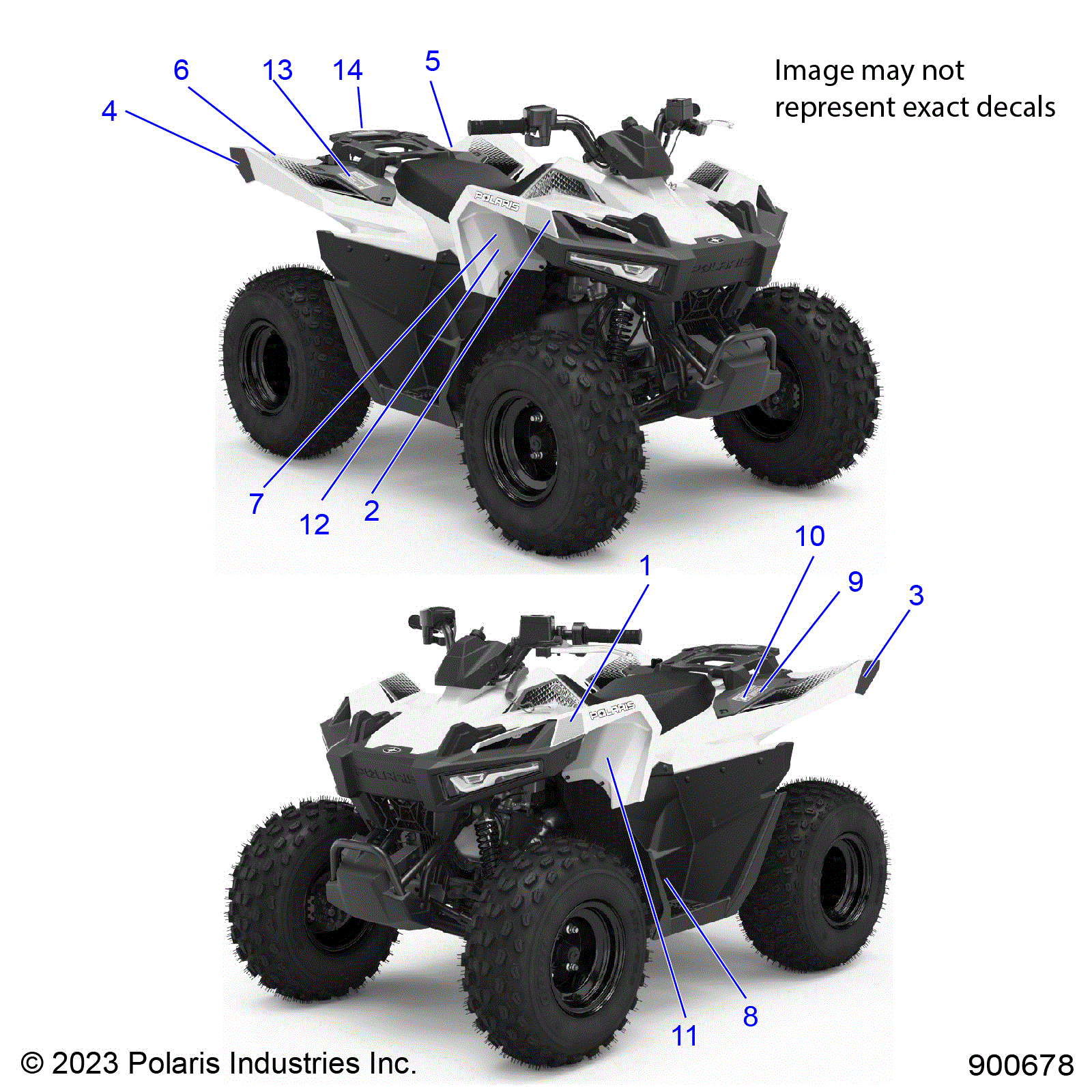 An Image of a Genuine Polaris Parts Schematic Diagram showing the schematic - BODY: DECALS WARNING AND REFLECTORS - 2024 POLARIS OUTLAW 70