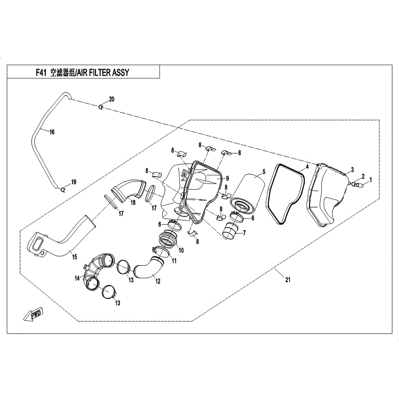 An Image of a Genuine CFMOTO Parts Schematic Diagram showing the schematic - AIR FILTER ASSY - 2018 CFMOTO ZFORCE 500