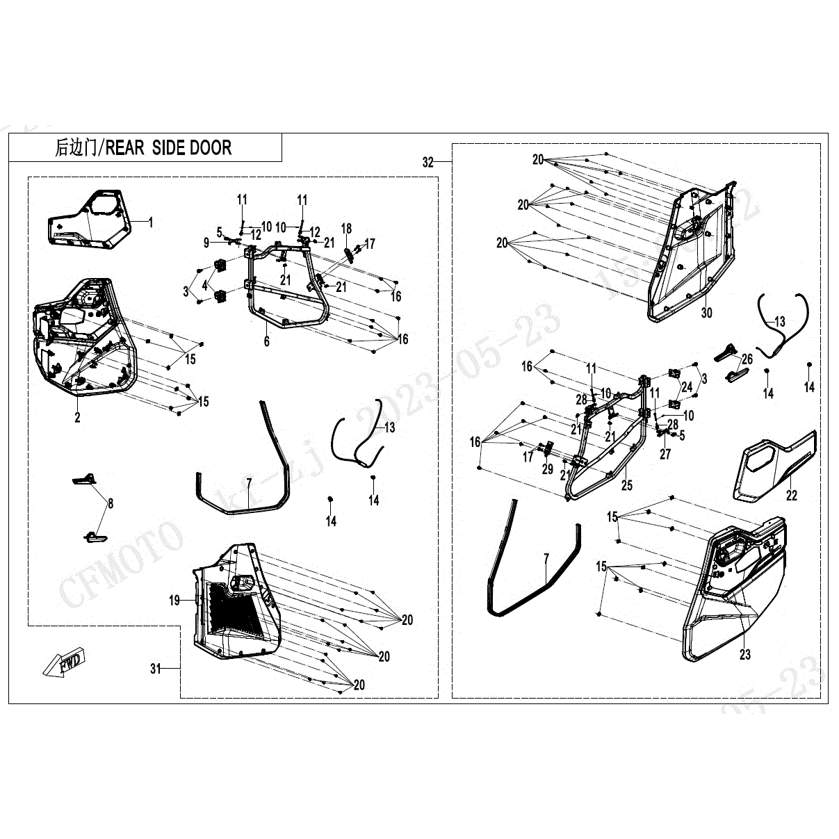 Exploded diagram of the Rear RH Door by CF Moto for UTV & ATV models, showing labeled parts such as OEM panels, window glass, handles, seals, and hardware. Reference numbers make identification easy at Witchdoctors.com.