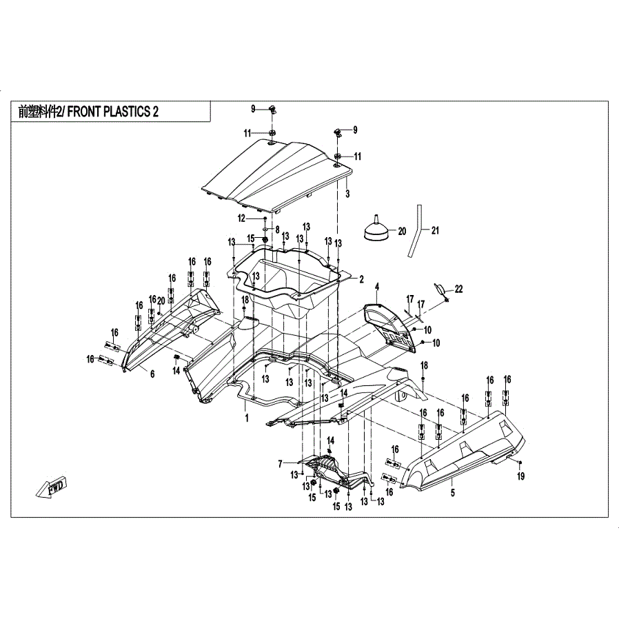 An Image of a Genuine CFMOTO Parts Schematic Diagram showing the schematic - FRONT PLASTICS 2 - 2019 CFMOTO ZFORCE 500