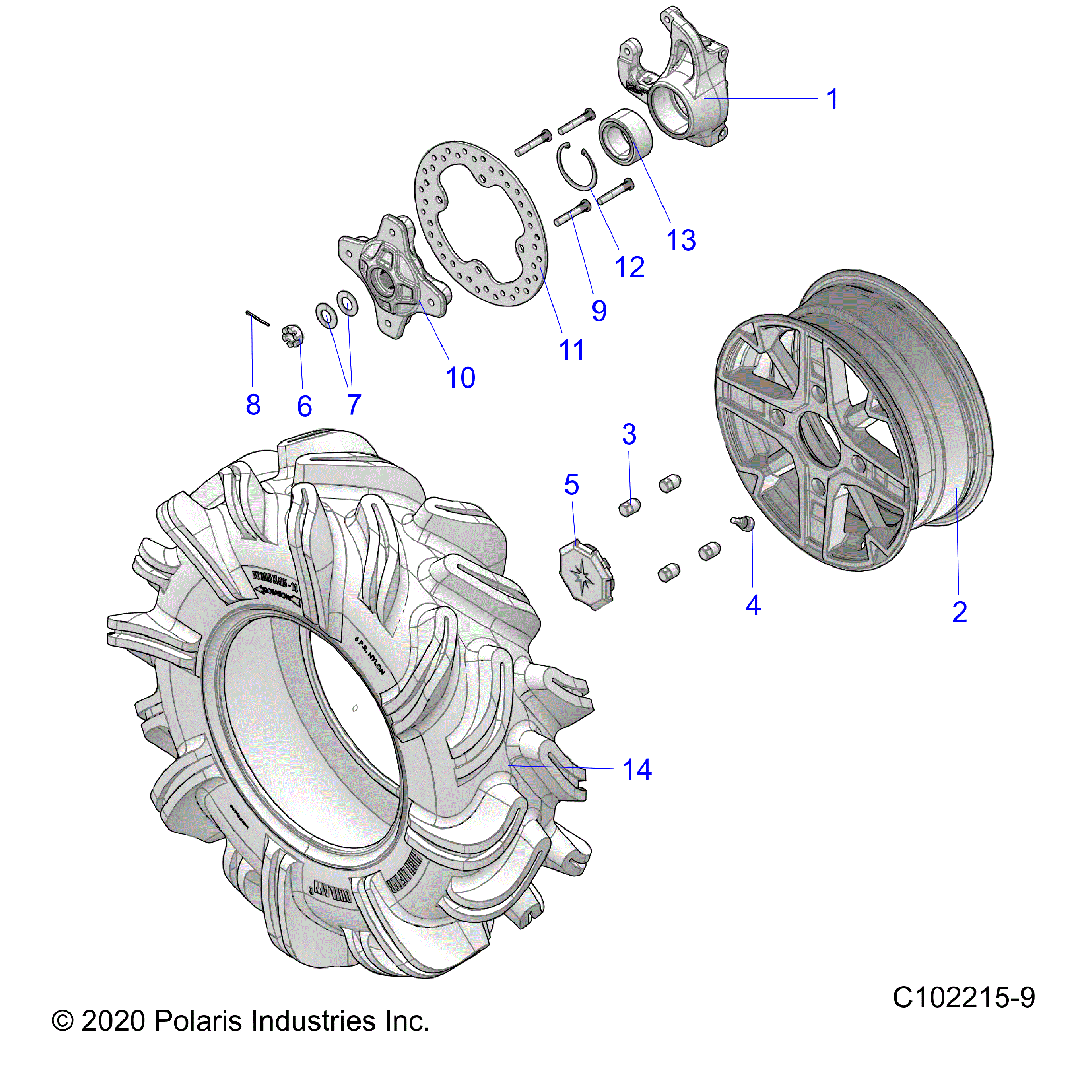 An Image of a Genuine Polaris Parts Schematic Diagram showing the schematic - WHEELS: FRONT and HUB - 2020 POLARIS SPORTSMAN XP 1000 HIGH LIFTER