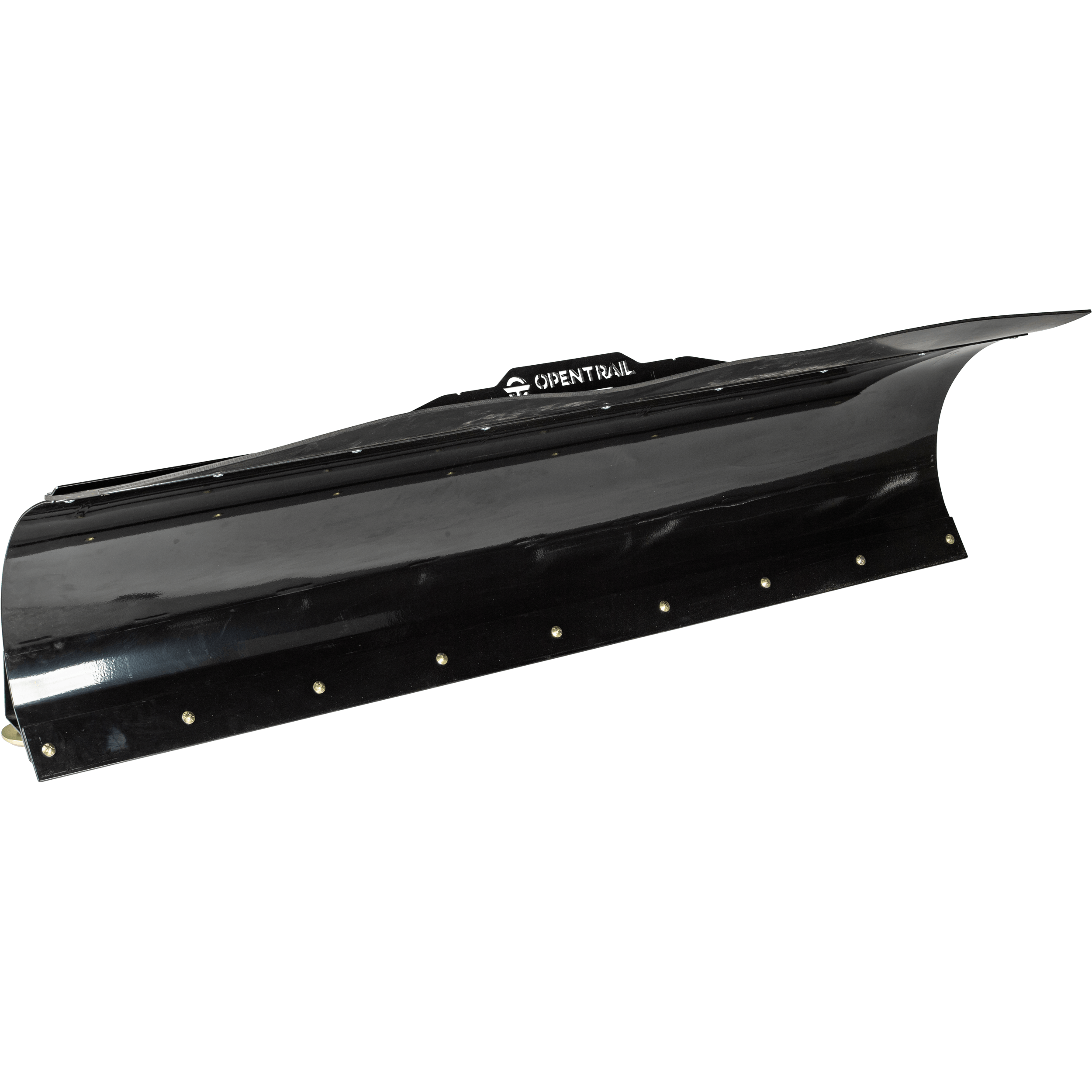 The 66 Straight Blade by Open Trail is a black powder-coated, 11-gauge steel snow plow blade with a curved design, bolted edge, and Open Trail branding on top.