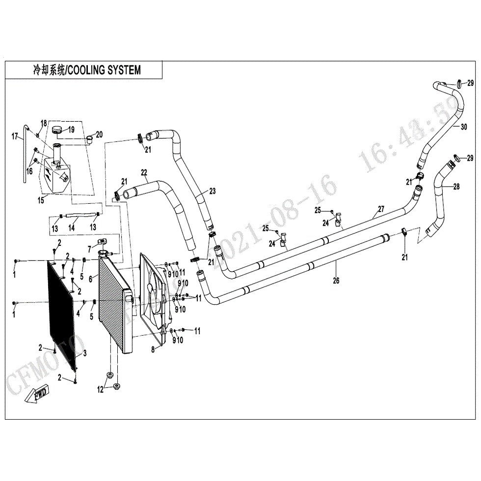 An Image of a Genuine CFMOTO Parts Schematic Diagram showing the schematic - COOLING SYSTEM - 2022 CFMOTO UFORCE 1000
