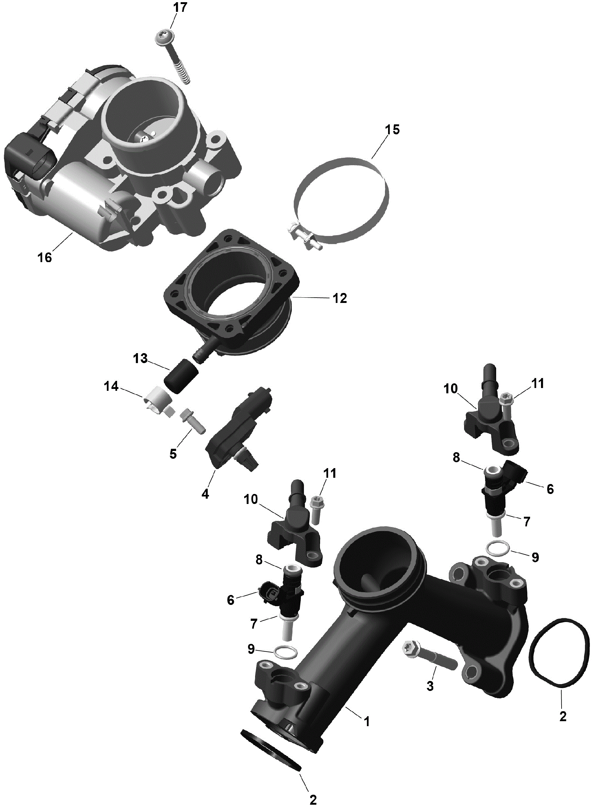 An Image of a Genuine Can-Am Parts Schematic Diagram showing the schematic - ROTAX - AIR INTAKE MANIFOLD AND THROTTLE BODY