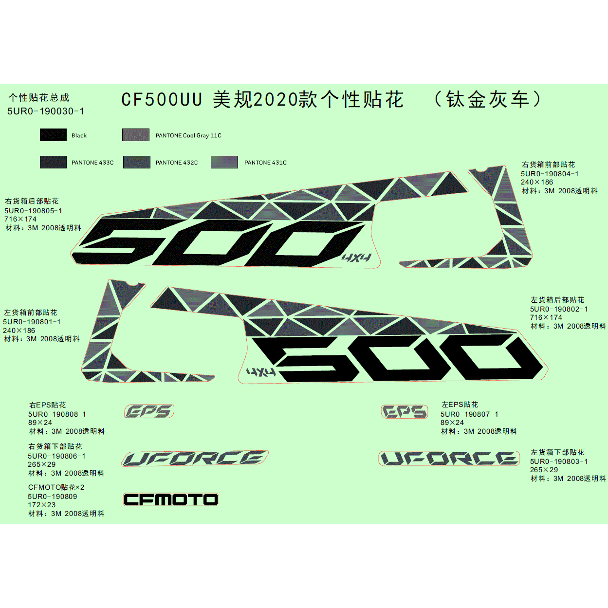 An Image of a Genuine CFMOTO Parts Schematic Diagram showing the schematic - DECAL KITS (2020 - 2020 CFMOTO UFORCE 500