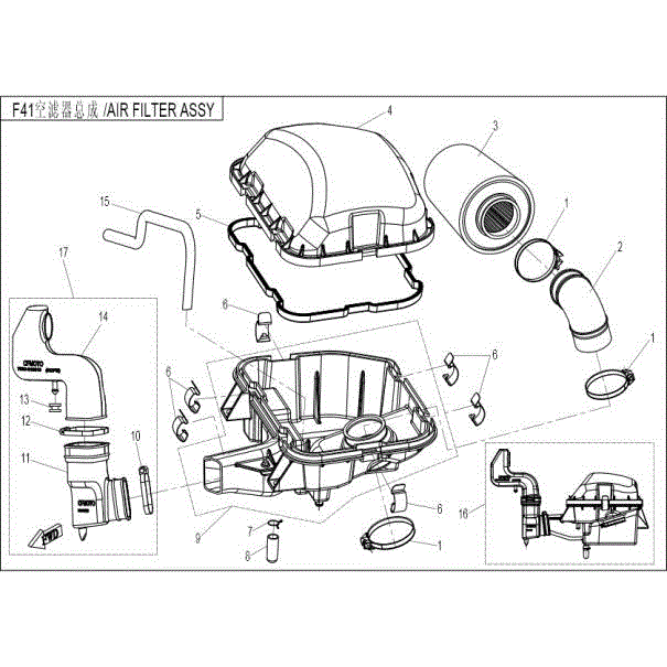 An Image of a genuine CFMOTO Parts Schematic Diagram showing the group - AIR FILTER ASSY - 2015 CFMOTO CFORCE 800 X8