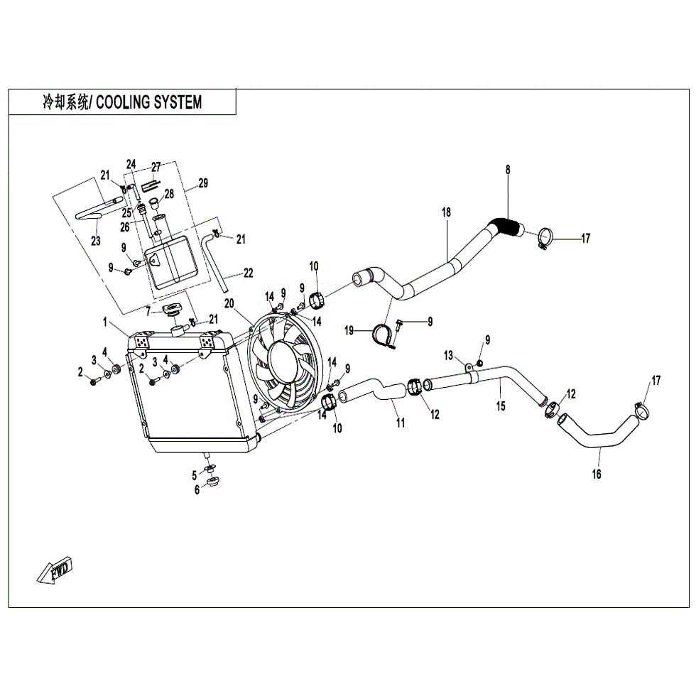An Image of a genuine CFMOTO Parts Schematic Diagram showing the group - COOLING SYSTEM (NEW) - 2022 CFMOTO CFORCE 500 S