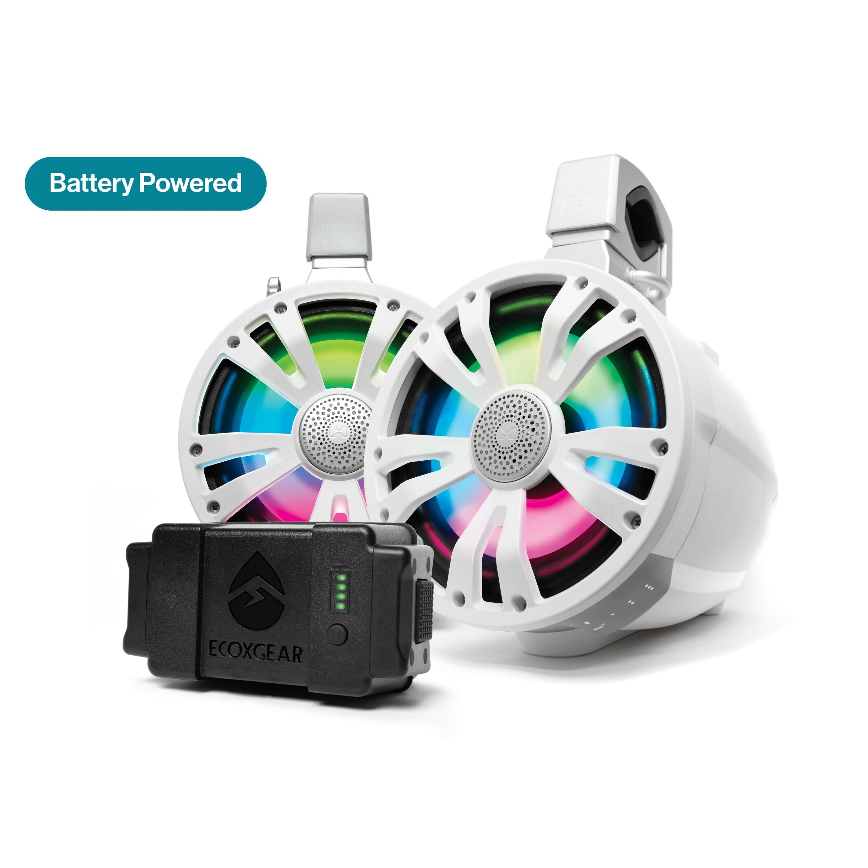 EcoXGear Extreme Tower 2-Pack: two white 8 marine speakers (one with built-in amp & battery, one non-amp), colorful LED lights, plus black ECOXGEAR battery pack. “Battery Powered” label in top left corner.