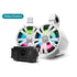 EcoXGear Extreme Tower 2-Pack: two white 8 marine speakers (one with built-in amp & battery, one non-amp), colorful LED lights, plus black ECOXGEAR battery pack. “Battery Powered” label in top left corner.
