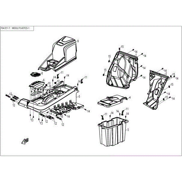 An Image of a Genuine CFMOTO Parts Schematic Diagram showing the schematic - MIDDLE PLASTIC-1 - 2015 CFMOTO UFORCE 800