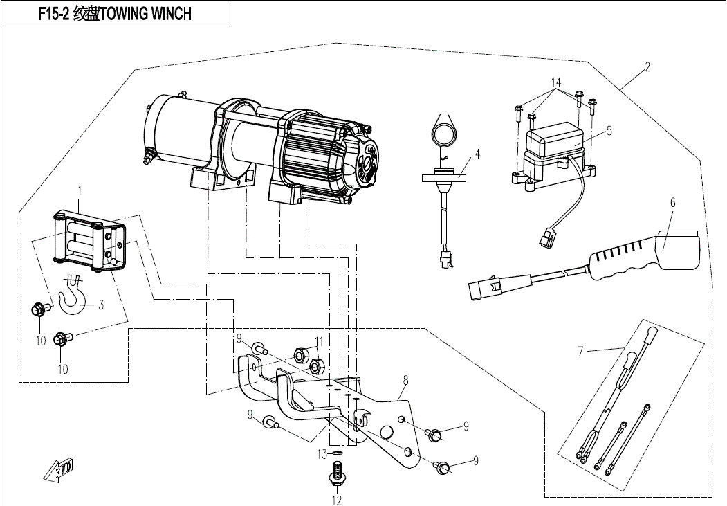 Technical diagram of the CF Moto Wire Harness Winch (Replaces 7000-150760) with labeled parts: motor, hooks, mounting bracket, control switch. Dotted lines indicate wiring connections. Find OEM parts at Witchdoctors.com.