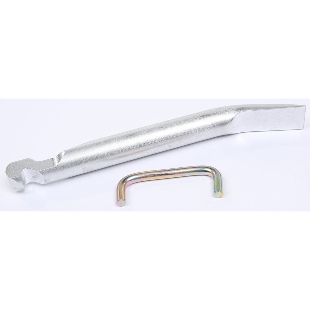 The Clutch Compression Tool Kit by SLP includes a silver, wedge-ended removal tool with a curved notch and a small U-shaped drive clutch bracket with threaded ends, both displayed on a white background.