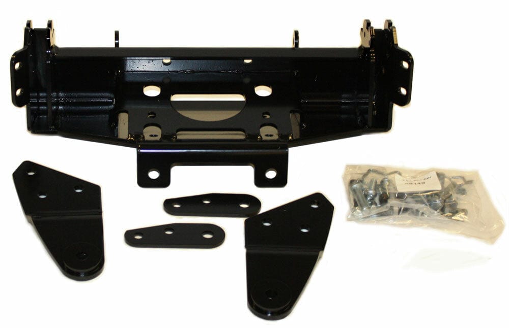 Kymco ATV Snow Plow Mounting Kit by Warn includes three flat black metal brackets and a clear plastic bag with screws and hardware, all displayed on a white background.