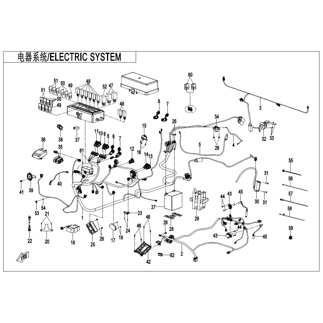 A black and white diagram displays numbered components of an electric system on a CF Moto ATV, including wires, relays, connectors, fuses, sensors, and the Starter Motor Negative Cable. Labels are in Chinese and English. Find OEM parts at Witchdoctors.com.