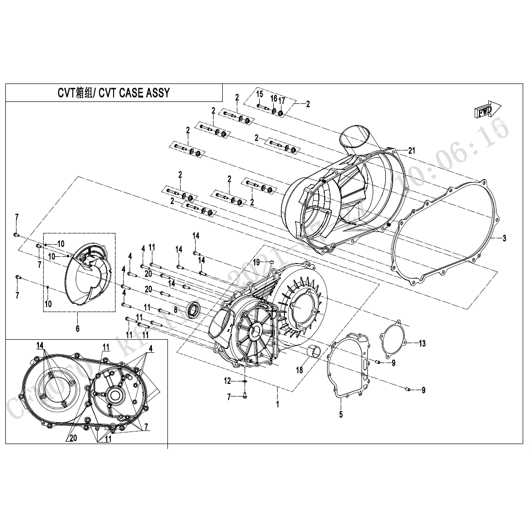 An Image of a Genuine CFMOTO Parts Schematic Diagram showing the schematic - CVT CASE ASSY - 2024 CFMOTO UFORCE 600