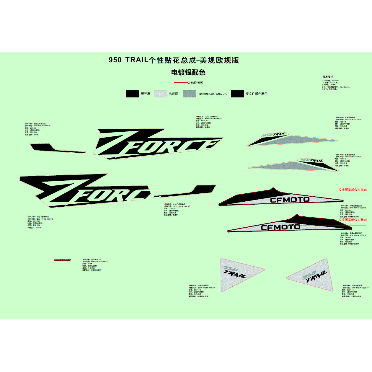 An Image of a Genuine CFMOTO Parts Schematic Diagram showing the schematic - DECAL (MERCURY SILVER) - 2023 CFMOTO ZFORCE 950 Trail