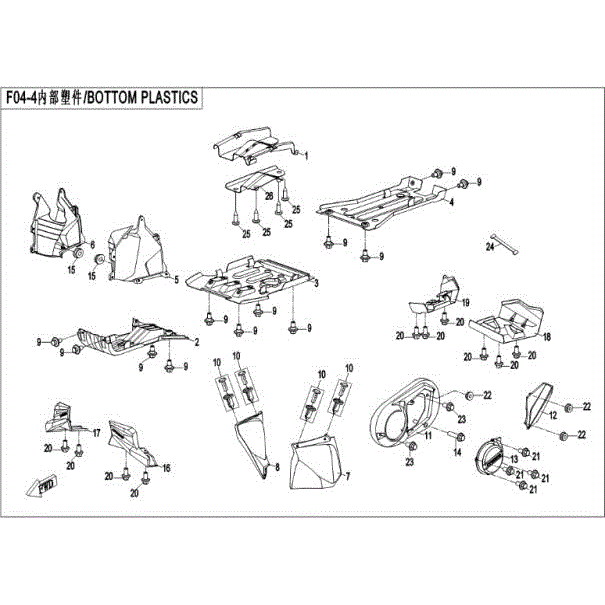 An Image of a genuine CFMOTO Parts Schematic Diagram showing the group - PLASTIC PARTS IV - 2016 CFMOTO CFORCE 400