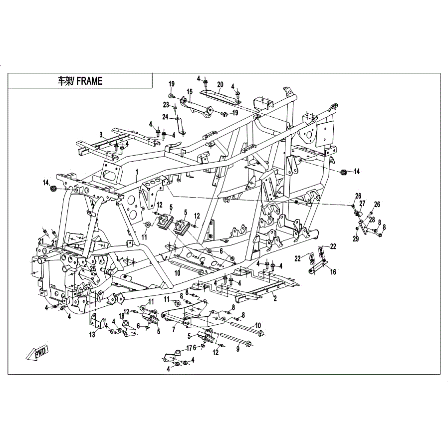 An Image of a genuine CFMOTO Parts Schematic Diagram showing the group - FRAME - 2019 CFMOTO CFORCE 400