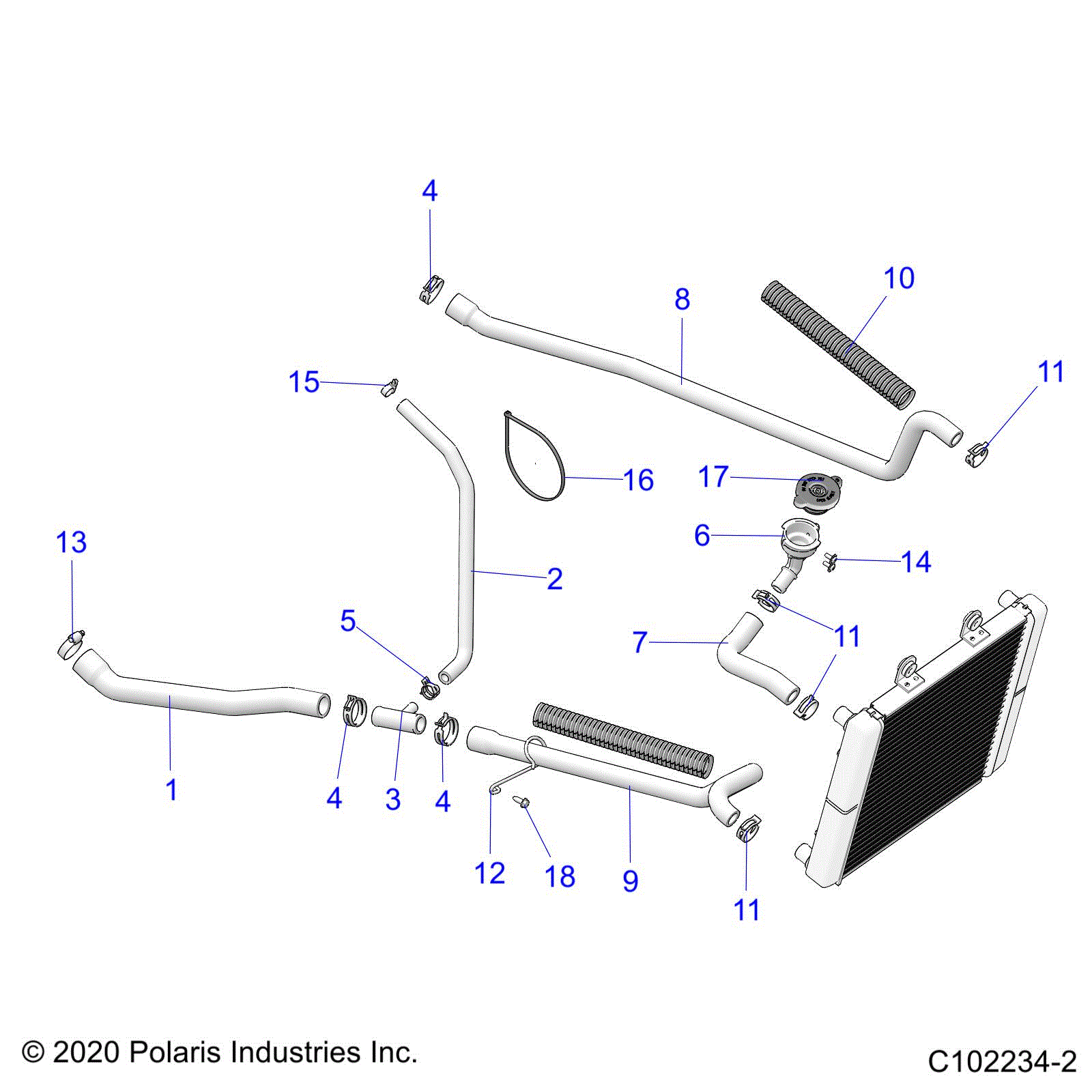 An Image of a Genuine Polaris Parts Schematic Diagram showing the schematic - ENGINE: COOLING SYSTEM HOSES - 2021 POLARIS SPORTSMAN TOURING 570