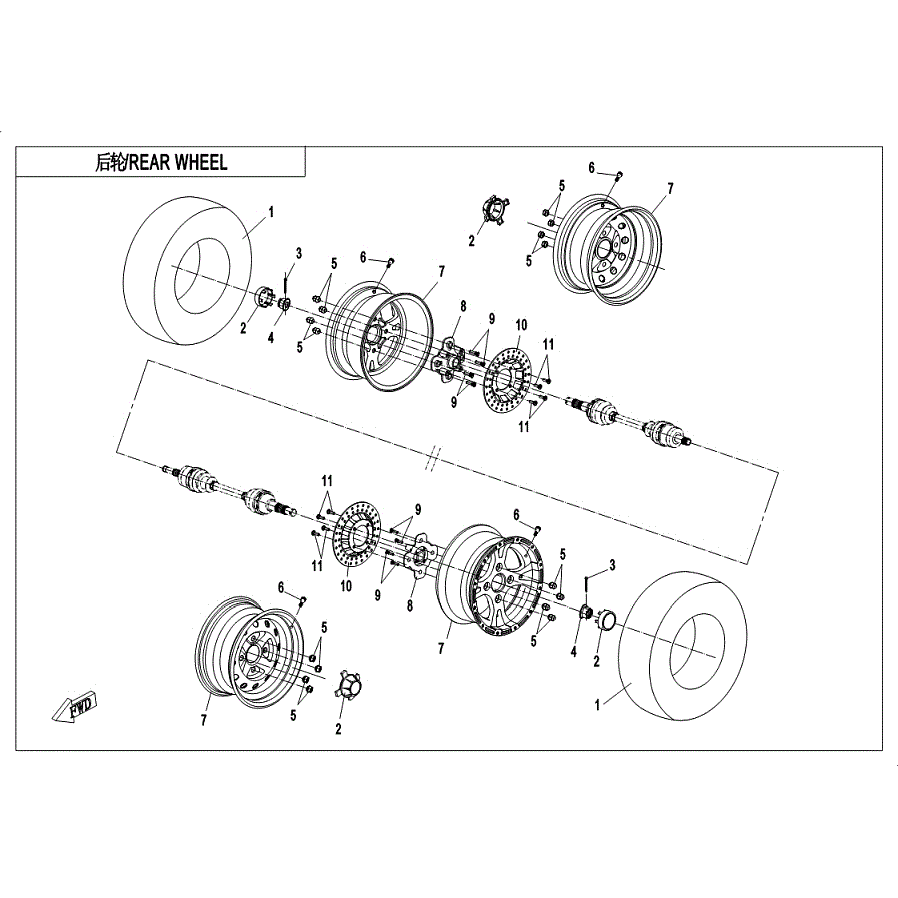 An Image of a Genuine CFMOTO Parts Schematic Diagram showing the schematic - REAR WHEEL - 2019 CFMOTO ZFORCE 1000