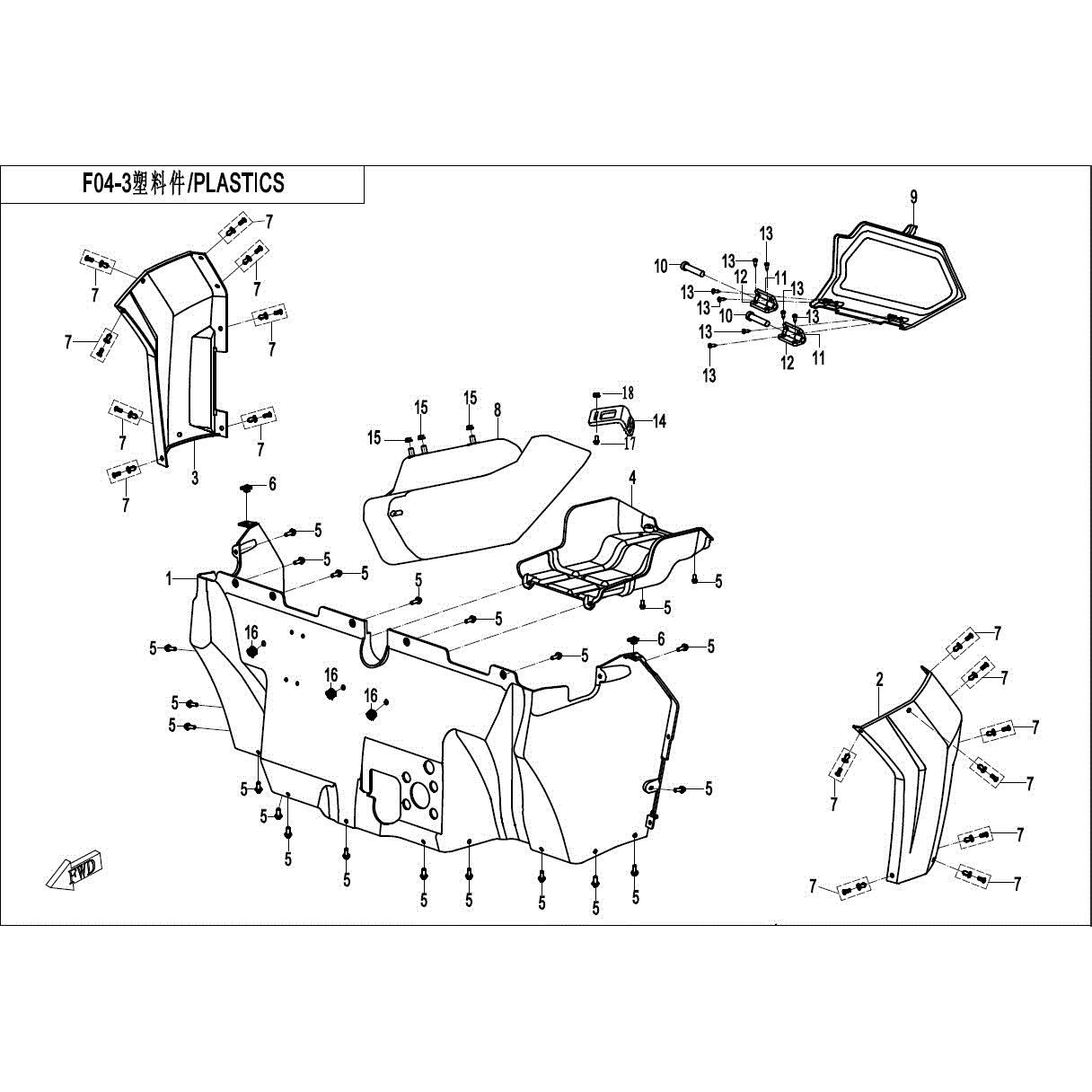 An Image of a Genuine CFMOTO Parts Schematic Diagram showing the schematic - MIDDLE PLASTICS-1 - 2017 CFMOTO ZFORCE 800 EX