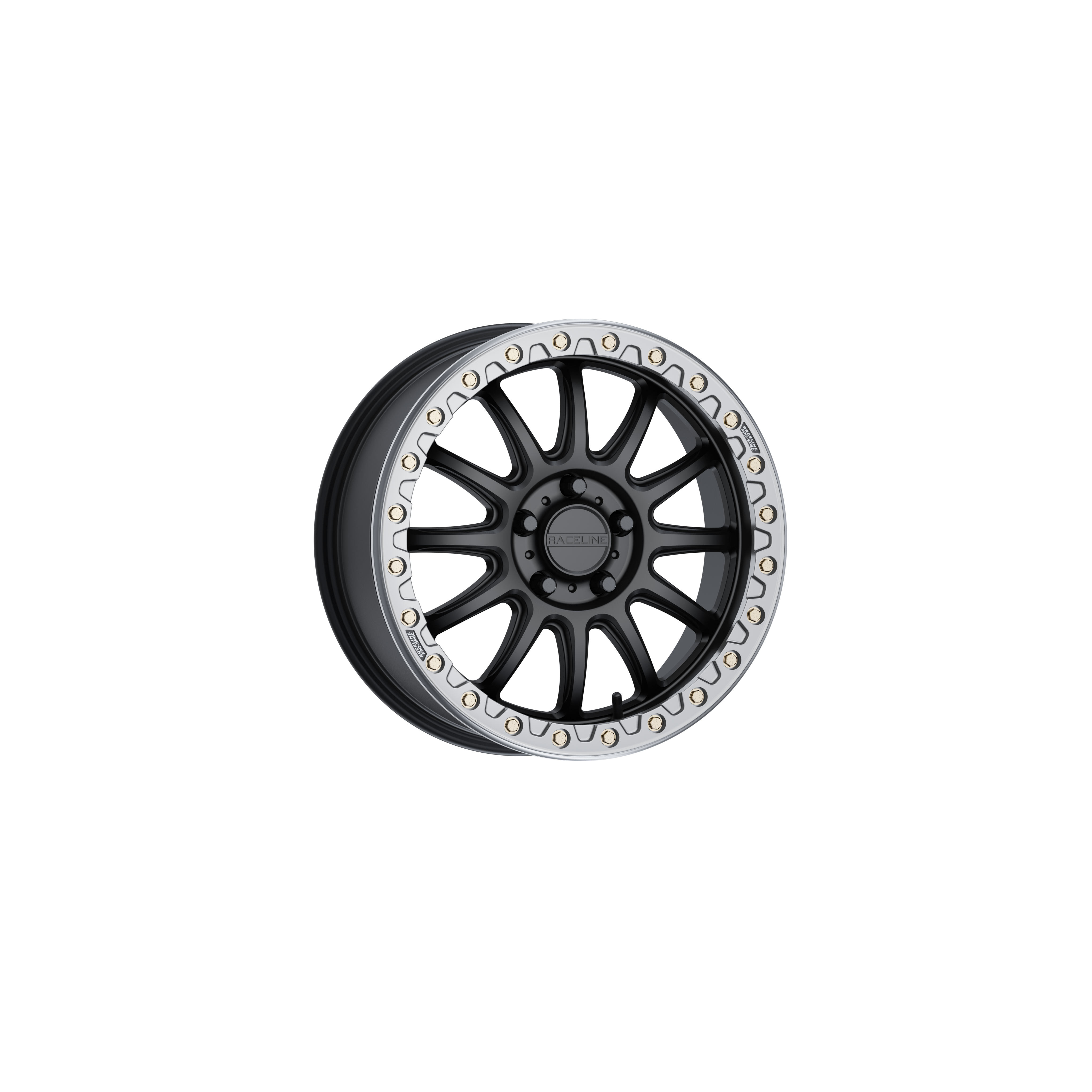 The ATV / UTV Alpha Beadlock 17X7 5/4.5 (+25mm) Black/Gunmetal by Raceline features a multi-spoke A356 aluminum wheel with a black finish, gunmetal beadlock ring, multiple bolts, center cap with embossed text, and transparent background.