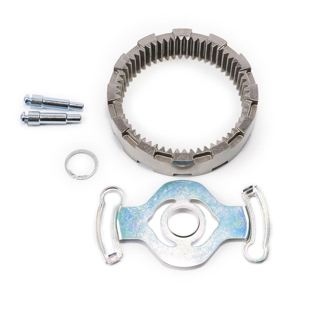 The Winch Clutch Service Kit by Warn, including a metal gear ring, shiny plate with handles, snap ring, and three silver bolts, is arranged on a white background.