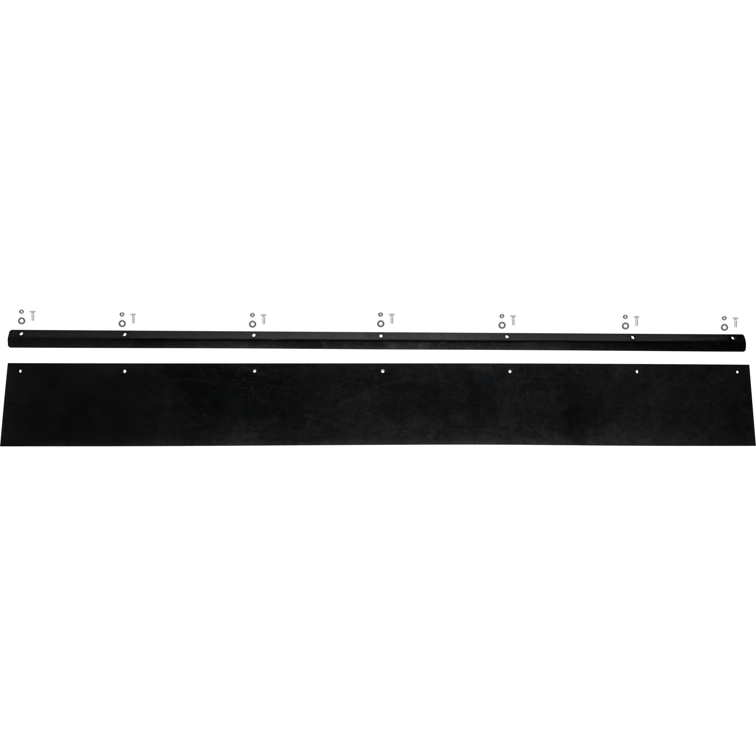 The 60 Plow Rubber Flap Kit by Open Trail includes a long black rubber strip with multiple holes, a thin black mounting bar, and eight pairs of bolts and nuts.