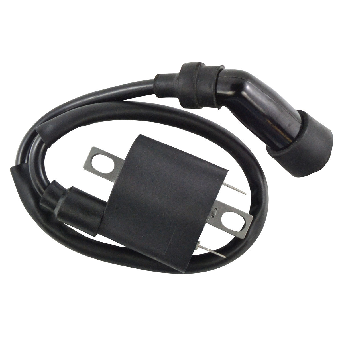 Black external ignition coil with attached spark plug cap and insulated wire, metal mounting brackets on coil housing.