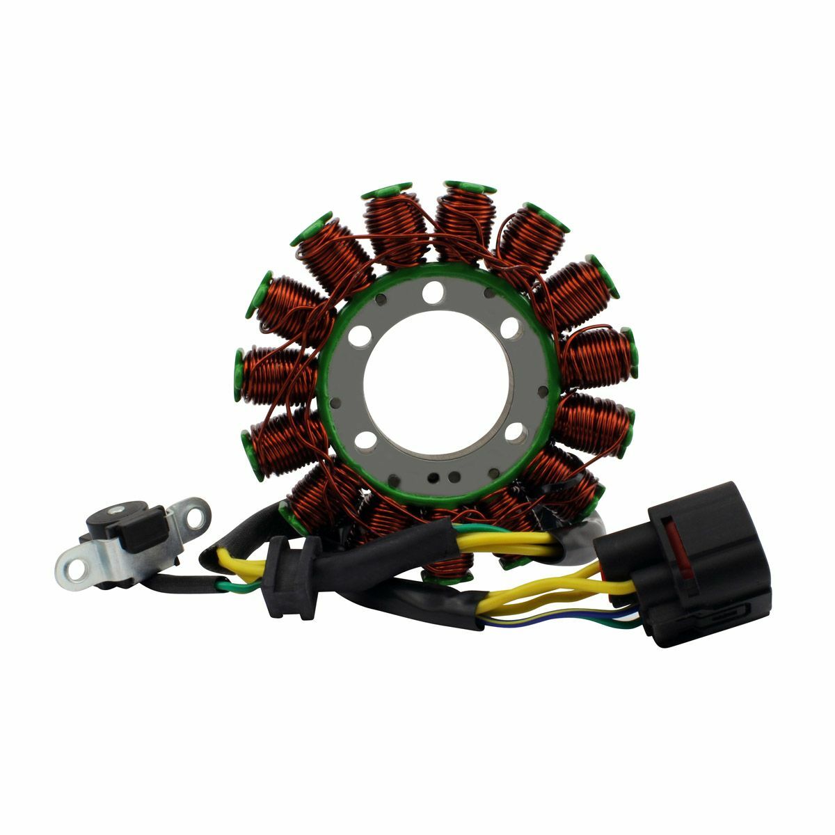 Round motorcycle stator with copper wire coils, green metal core, and black electrical connectors with yellow and black.