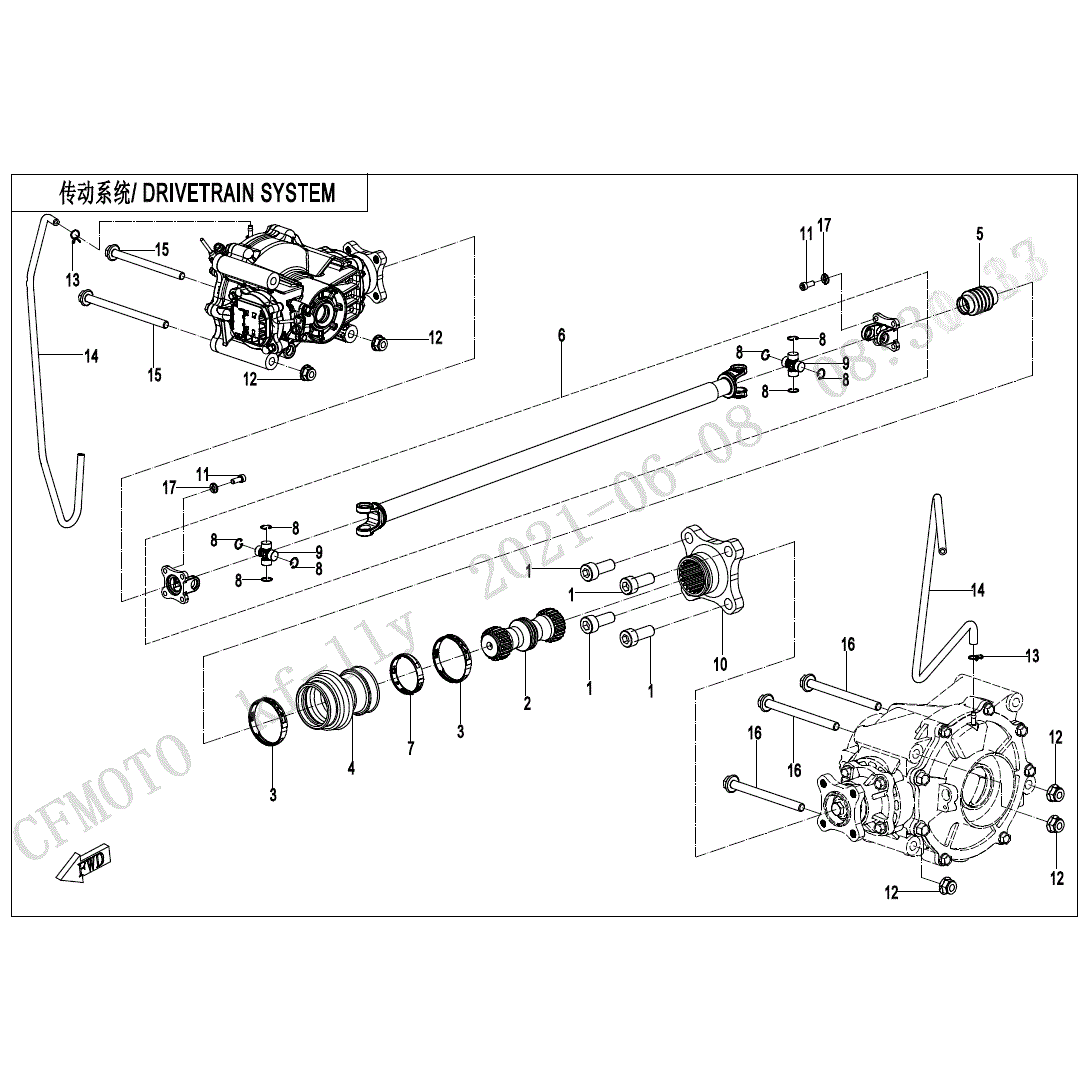 An Image of a Genuine CFMOTO Parts Schematic Diagram showing the schematic - DRIVETRAIN SYSTEM - 2023 CFMOTO UFORCE 1000