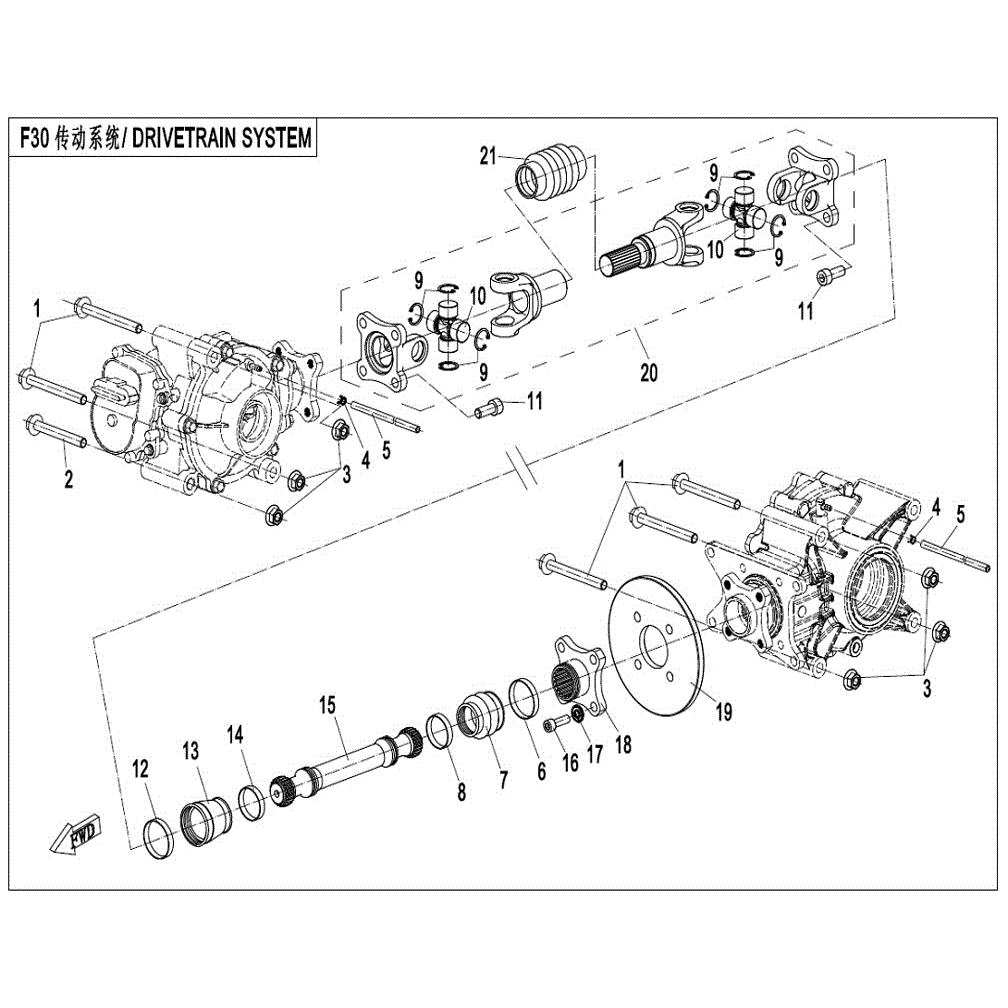 An Image of a genuine CFMOTO Parts Schematic Diagram showing the group - DRIVETRAIN SYSTEM - 2021 CFMOTO CFORCE 400
