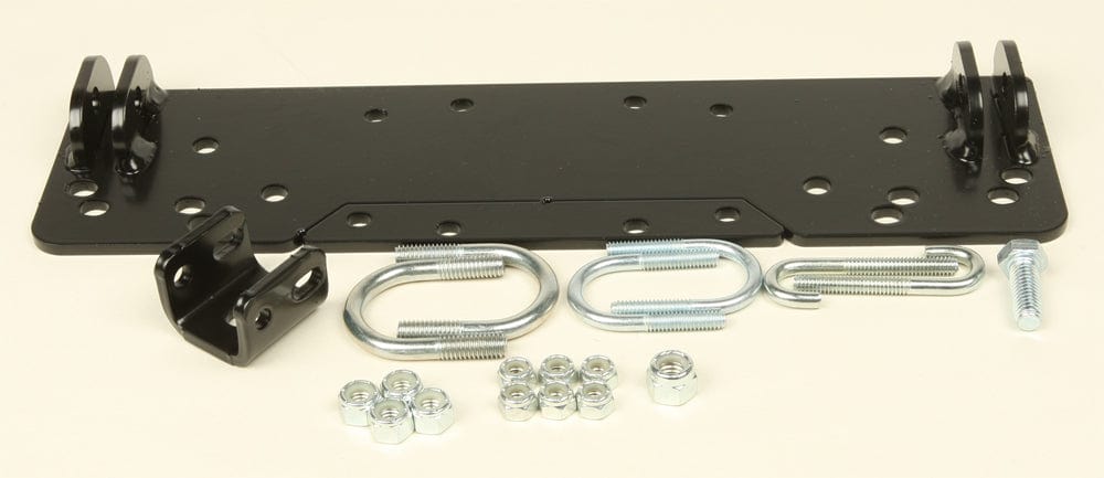 The Honda Foretrax ATV Center Snow Plow Mounting Kit by Warn includes a black metal plate with multiple holes, two U-bolts, a right-angle bracket, hex nuts, and bolts—ideal for securing your plow to your ATV.