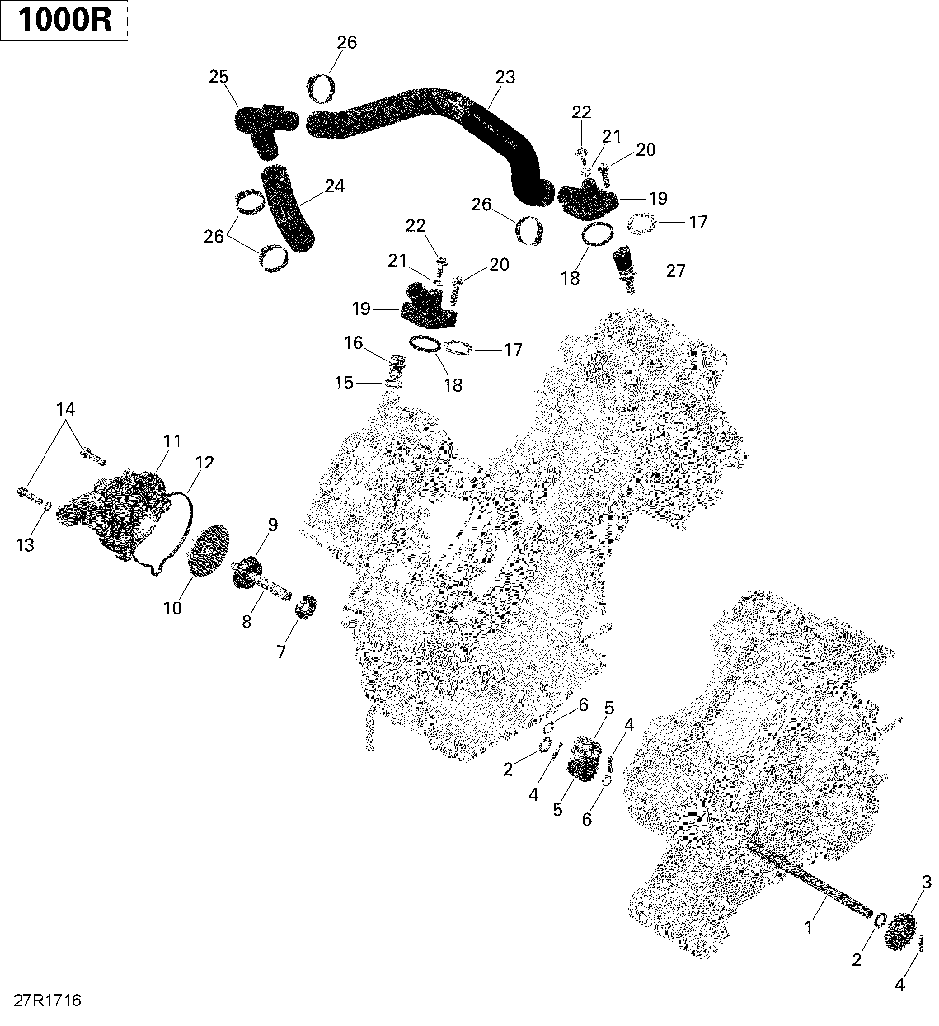 An Image of a Genuine Can-Am Parts Schematic Diagram showing the schematic - ENGINE COOLING - 1000R