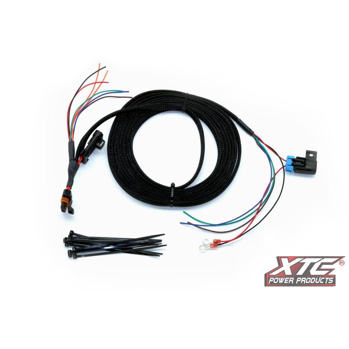 The Plug N Play Rear Chase Bar Harness by XTC Power features a black automotive wiring harness with exposed colored wires, connectors, zip ties, and the XTC Power Products logo, all shown on a white background.
