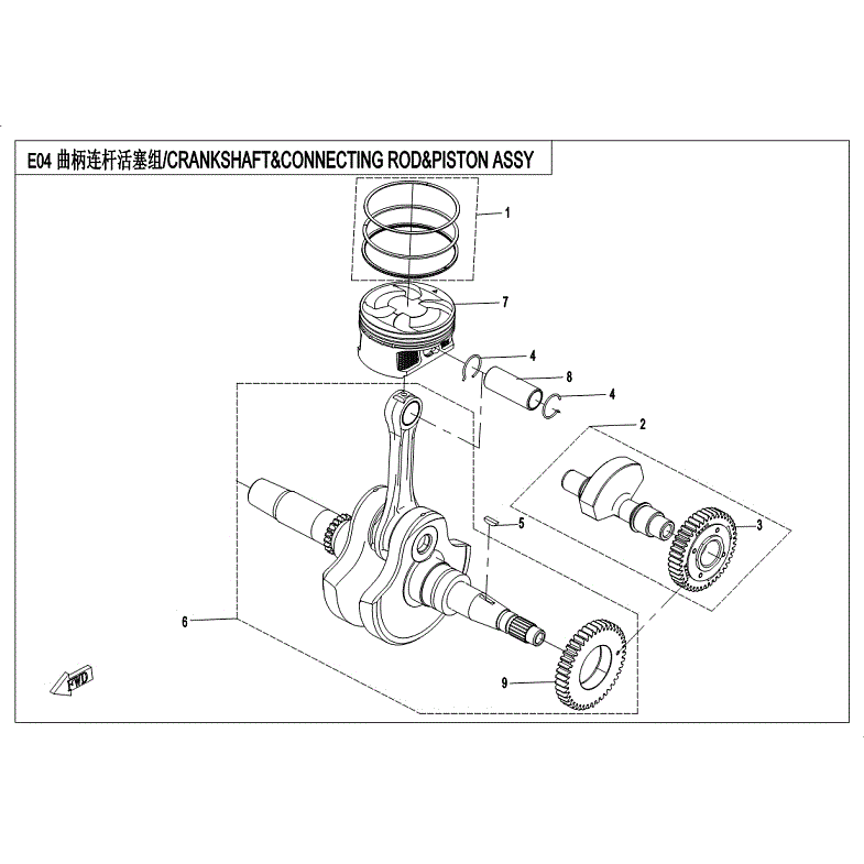 An Image of a genuine CFMOTO Parts Schematic Diagram showing the group - CRANKSHAFT CONNECTING ROD PISTON ASSY - 2018 CFMOTO CFORCE 500 S