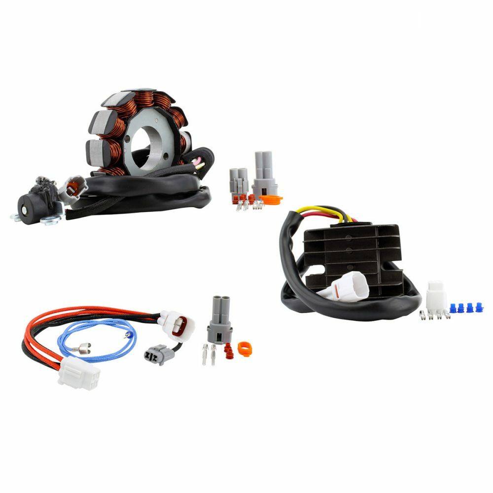 Copper coil stator with black wiring harness and black regulator with attached wires and connectors, small metal terminals.