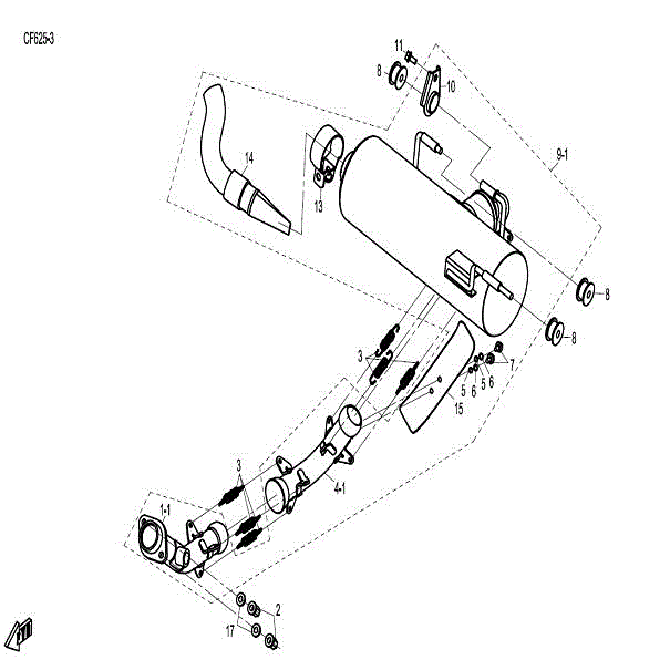 An Image of a Genuine CFMOTO Parts Schematic Diagram showing the schematic - MUFFLER - 2015 CFMOTO ZFORCE 600