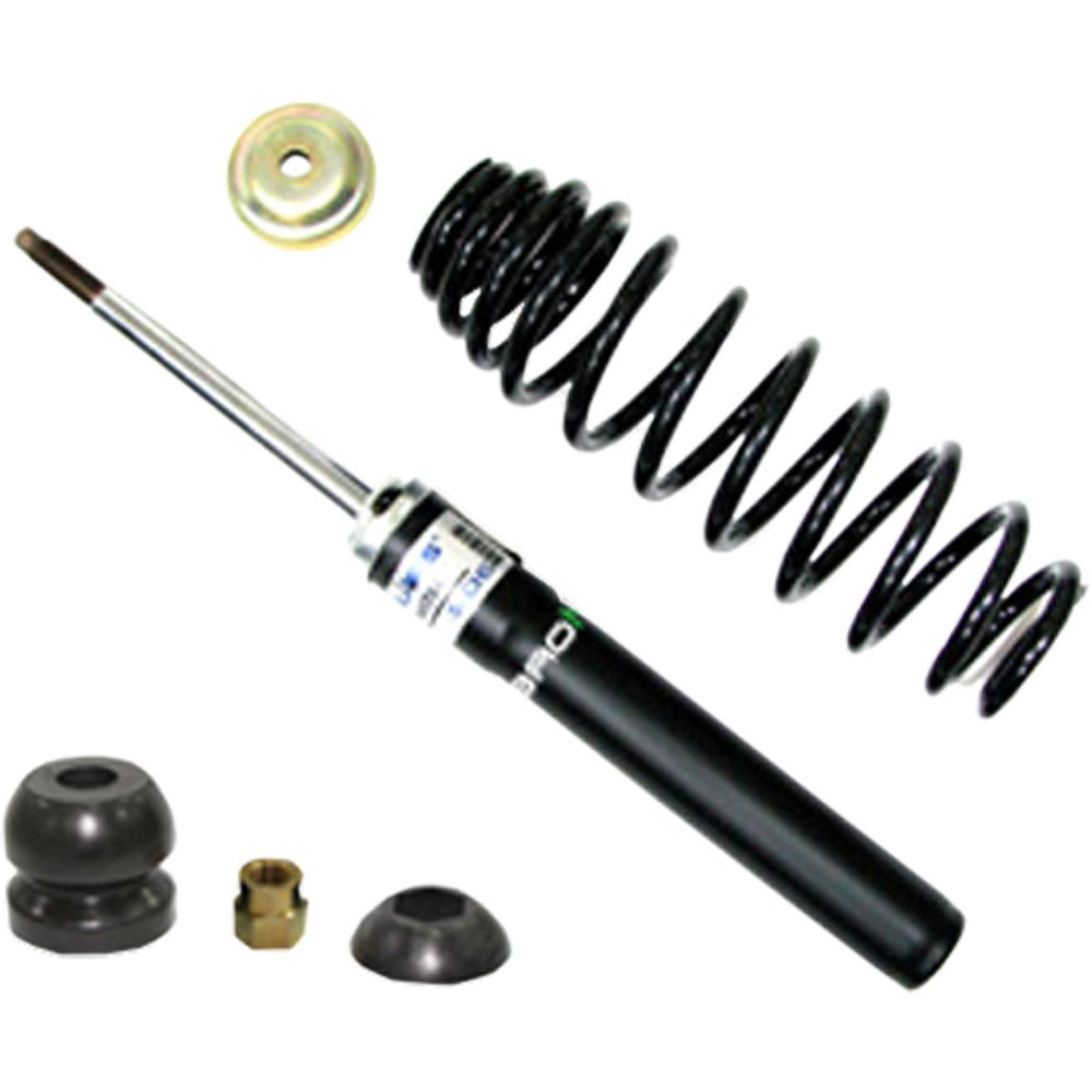 The Polaris Ranger 500/700 4x4/6x6 UTV/ATV Front Gas Shock by Bronco, shown with a black coil spring, rubber bushings, metal cap, and brass fitting, is displayed on a white background. Available from Witchdoctors.com.