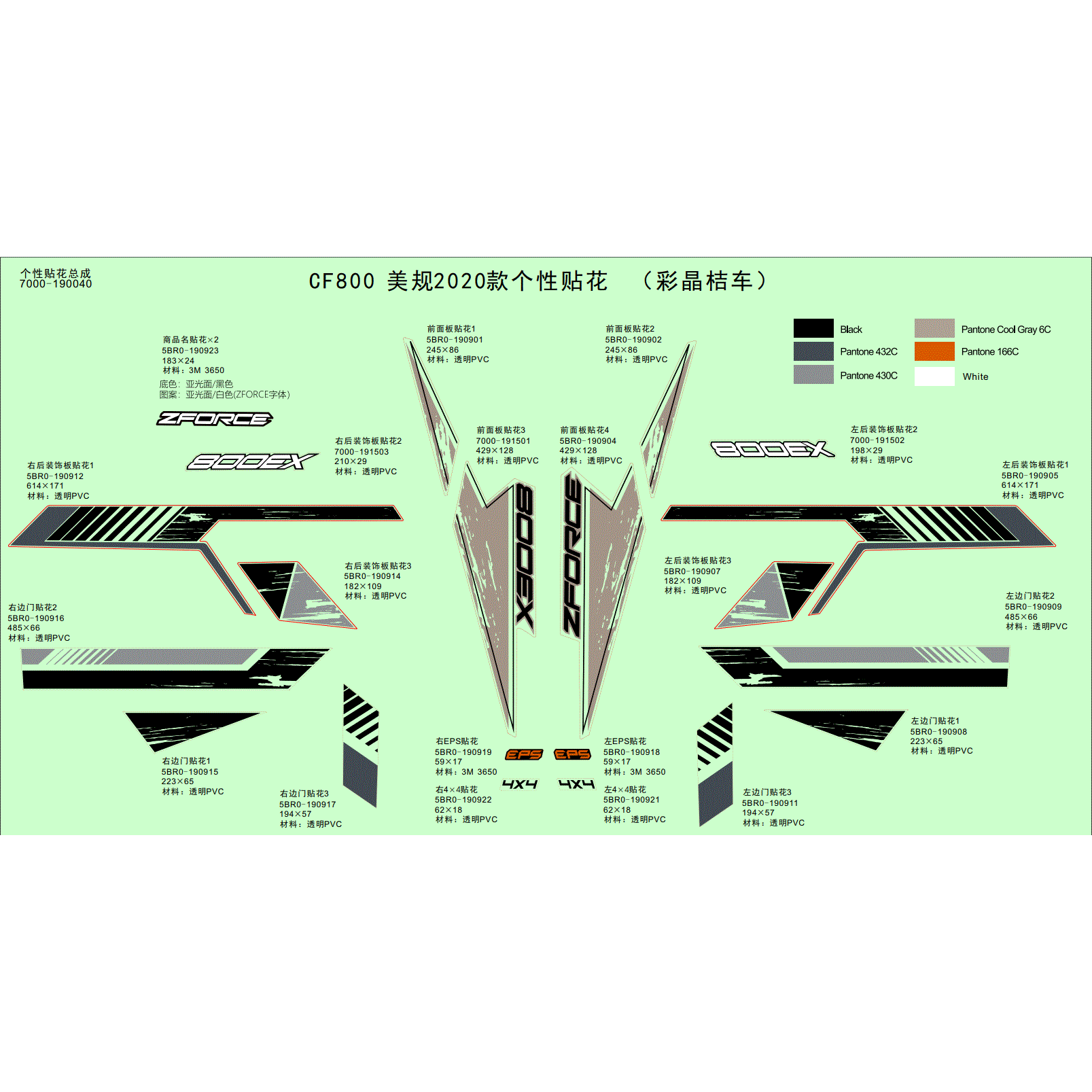 An Image of a Genuine CFMOTO Parts Schematic Diagram showing the schematic - DECAL KITS (CRYSTAL ORANGE) - 2020 CFMOTO ZFORCE 800 EX