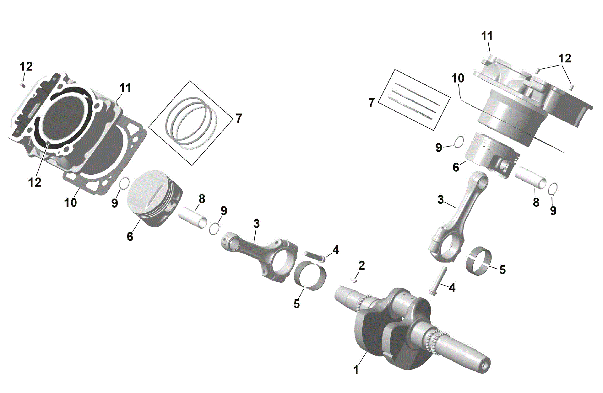 An Image of a Genuine Can-Am Parts Schematic Diagram showing the schematic - ROTAX - CRANKSHAFT PISTONS AND CYLINDER