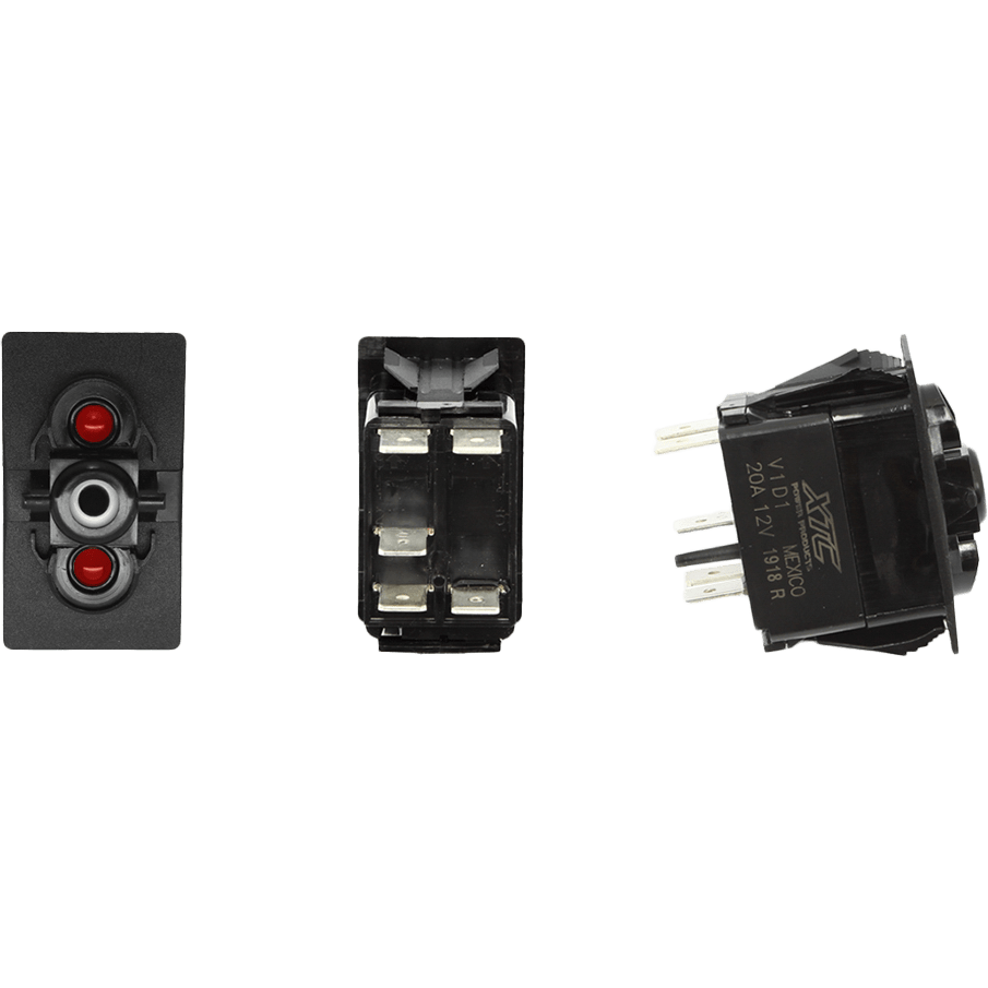 Three views of the Dash Switch Body Single Acc Red/Red By XTC Power: front with two red buttons, back showing four metal terminals, side displaying label, wiring pins, and UTV Wiring Solutions for Ignition Protection.