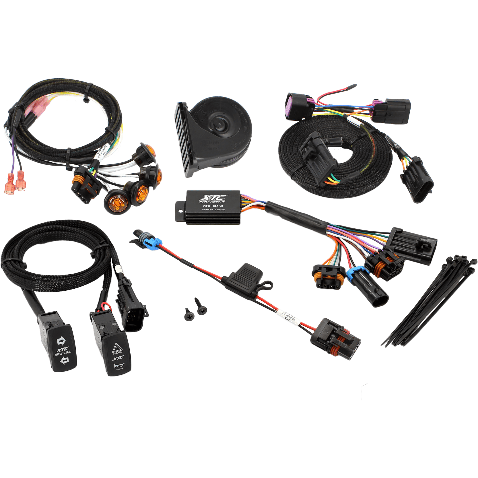 Self Canceling Turn Signal Kit Pol by XTC Power includes multi-colored cables, connectors, switches with a marine-grade rocker switch, zip ties, electronic parts, a round black horn, and mounting screws—all displayed on a white background.